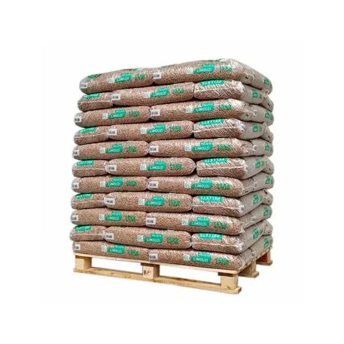 Palete com 66 sacos de pellets de Limouzi – 15 kg, 100% resina, alta eficiência.