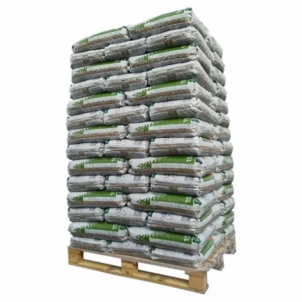 Pirineus – Palete com 65 sacos de pellets, 15 kg de madeira 100% resinosa.